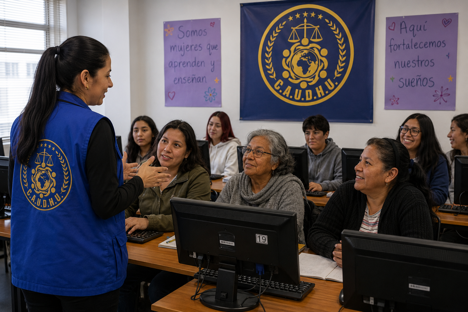 Mujeres en curso de informática de C.A.U.D.H U. con instructora en Bogotá