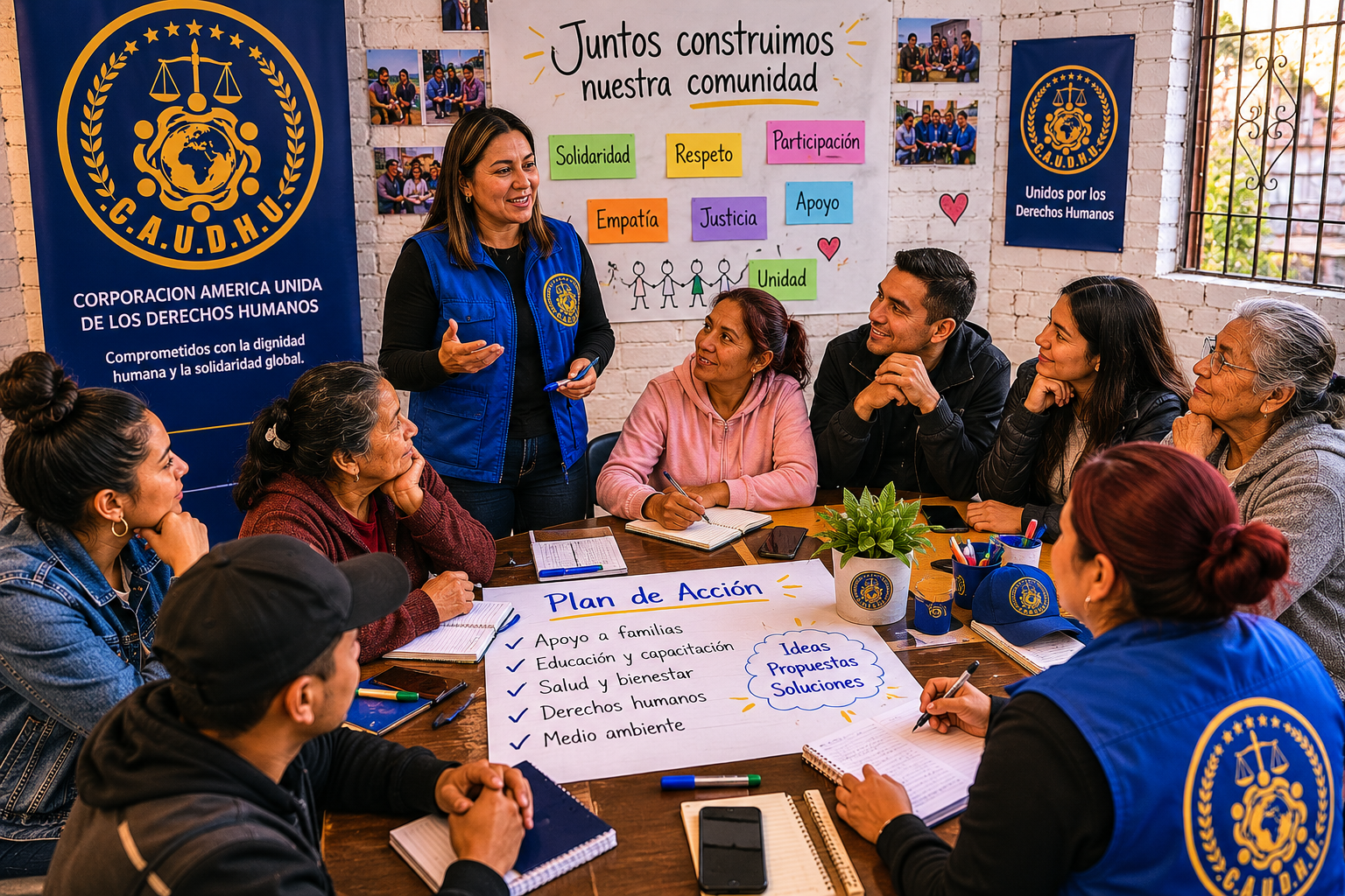 Reunión de desarrollo comunitario liderada por C.A.U.D.H U. en Bogotá