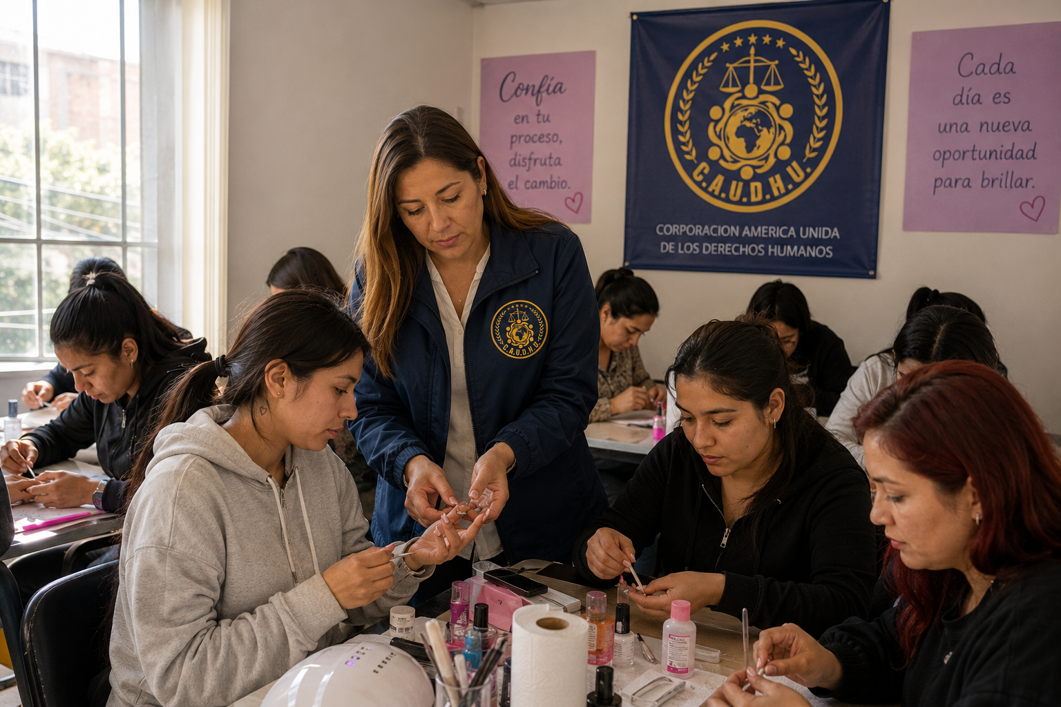 Taller de formación en belleza de C.A.U.D.H U. con mentora y estudiantes